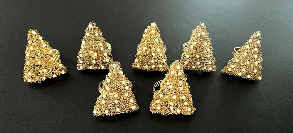 Kemp & Beatley Gold Woven Christmas Tree Napkin Rings w/ Faux Pearls Lot Of 6